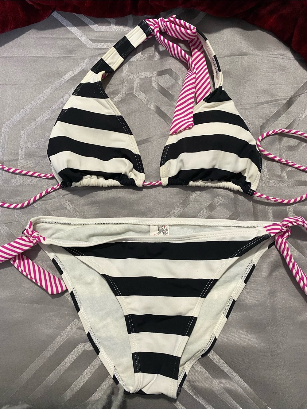 Striped Black & White Bikini with Pink Stripe Ties